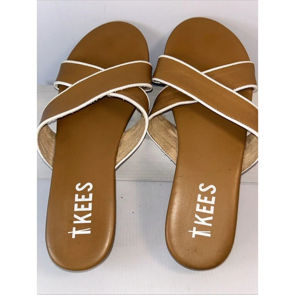 Women's Tkees Sloan Criss Cross Cognac Brown Leather slip on slide sandal sz 10